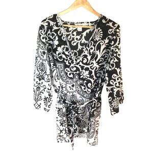 WHITE HOUSE BLACK MARKET Scroll Silk Tunic Top M Black White Boho Chic Festival